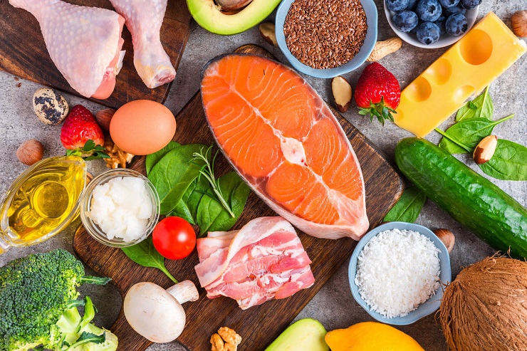 TX2YHF Keto diet concept. Ketogenic diet food. Balanced low carb food background. Vegetables, fish, meat, cheese, nuts, seeds on wooden background. top view